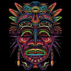 Naklejka premium Vibrant Tribal Colorful Woodcarving Style on Black Background