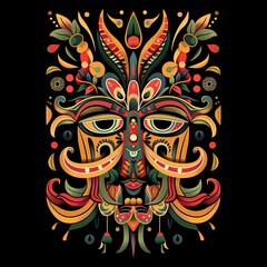 Vibrant Tribal Colorful Woodcarving Style on Black Background