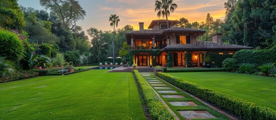 Fototapeta premium Views Beautiful manicured lawns and flower beds on private grounds and pathway to home