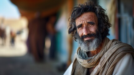 Fototapeta premium Old Blind Bartimaeus after healing, happy to be able to see, a man of faith waiting for a miracle from Jesus, story from the new testament
