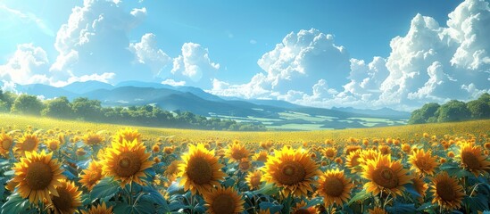 yellow sunflower farm. Field background with blue sky