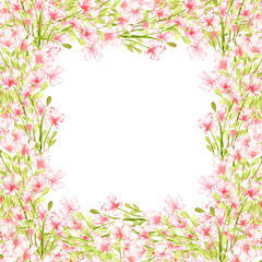 Pink flowers, small wildflowers, square frame watercolor illustration. Summer meadow with floral print and wildflowers. Isolated from the background. For designing cards, invitations, wedding decor,