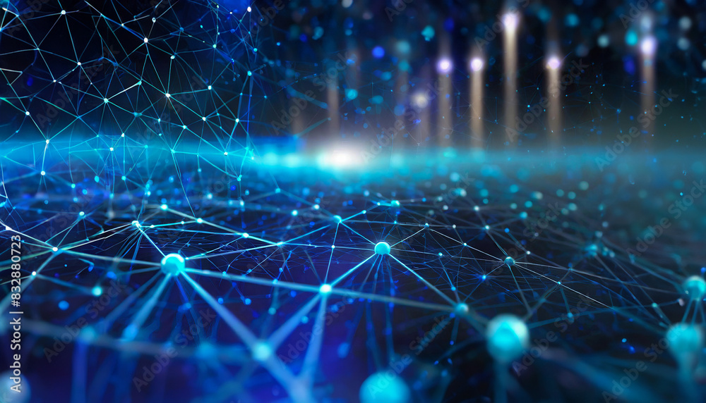 Poster illustration of a blue abstract background with glowing lights on a network grid and particles conne