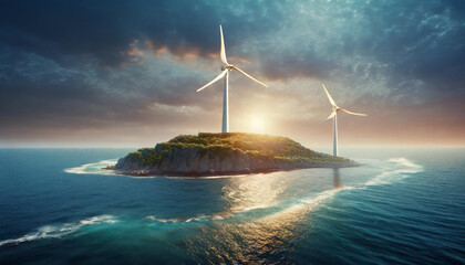 Illustration of a wind farm with turbines silhouetted in the ocean against a golden sunset with waves crashing in the foreground. Renewable energy concept. Generative ai