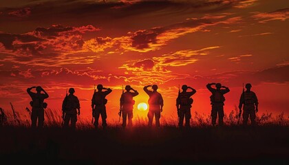 Fototapeta premium Design a poster with a silhouette of soldiers saluting at sunset