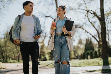 Two high school students with books and drinks walking and talking on campus, collaborating on...