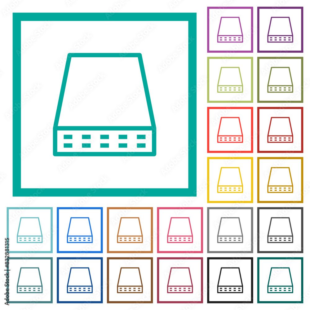 Poster computer data storage outline flat color icons with quadrant frames