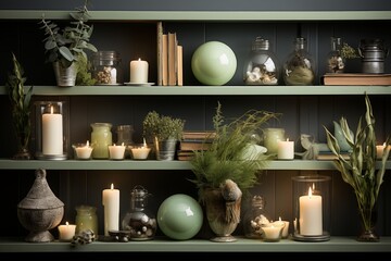 Interior of modern living room with bookshelf and decorative lights
