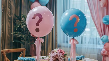 Gender reveal party with blue and pink decor question mark balloon boy and girl symbols guessing theme
