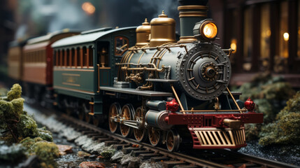 Fototapeta premium Vintage toy train with christmas decoration on the wooden background.