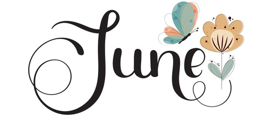 Hello June. JUNE month vector with flowers, butterfly and leaves. Decoration floral. Illustration month June