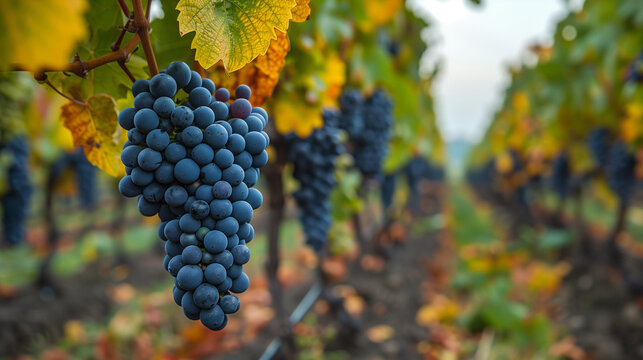 Raison noir m&ucirc;r pr&ecirc;t pour la r&eacute;colte, le temps de la moisson et des vendanges dans un vignoble en France