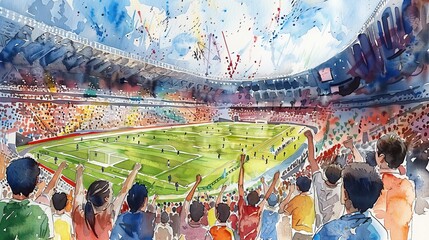 Fototapeta premium A vibrant watercolor captures the electrifying atmosphere of a packed Olympic stadium