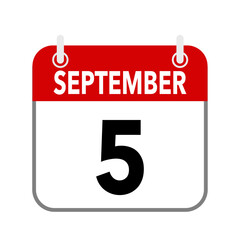 5 September, calendar date icon on white background
