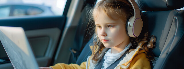 A young girl, headphones on and laptop open, sits transfixed in the backseat of a car, navigating the road ahead as a tech-savvy child,