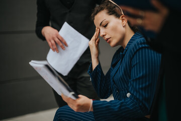 A businesswoman in a striped suit looks stressed as she reviews documents. Concept of work...