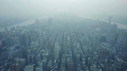 City skyline covered by smog, pollution and environmental concept, healthy risk, blurred banner