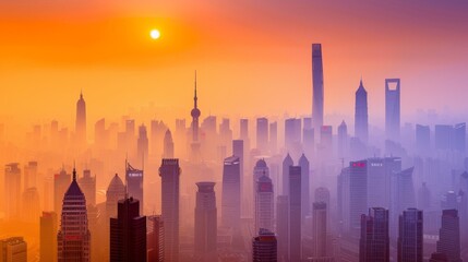 Fototapeta premium City skyline covered by smog background, pollution and environmental concept, healthy risk, banner