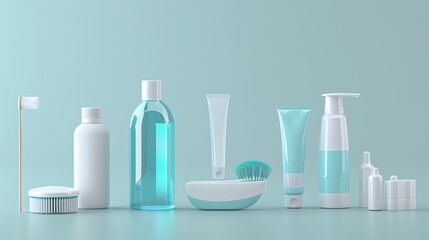 A 3D render of a set of dental care products including floss, toothpaste, and mouthwash