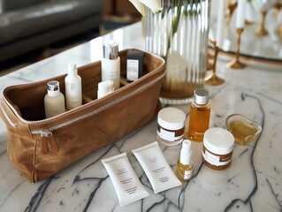 A compact travel skincare set in a stylish pouch