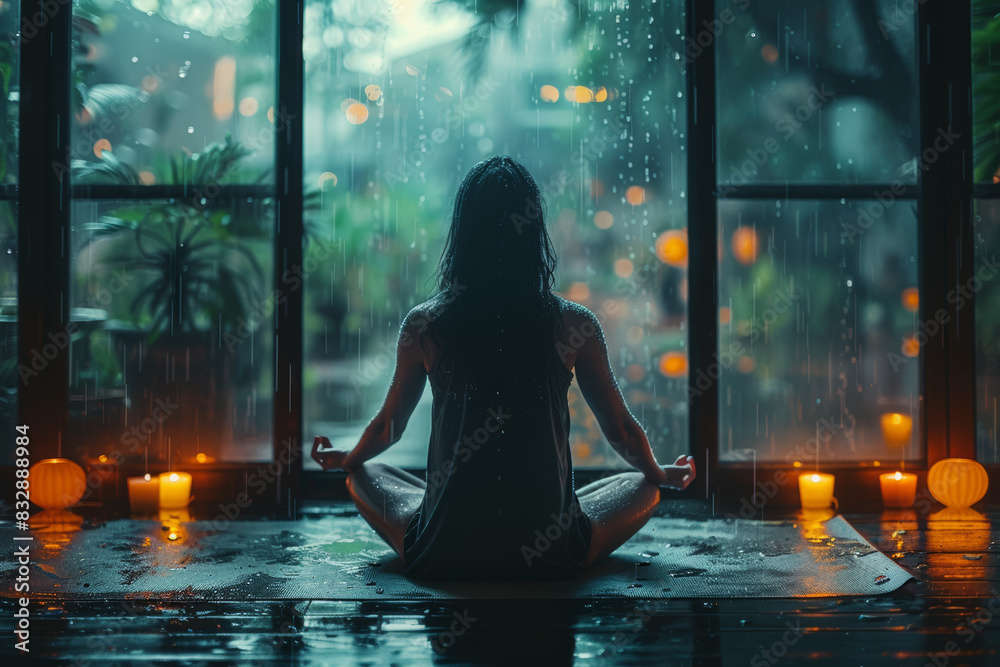 Sticker A person practicing yoga indoors with rain softly hitting the windows. Concept of mindfulness and inner peace on a rainy day. Generative Ai.