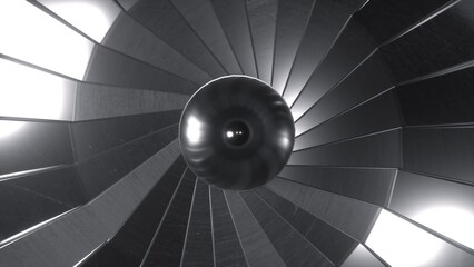 Closeup turbine engine front-end fan. Aircraft turbine. 3d illustration