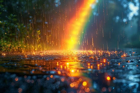 A colorful rainbow appearing as the rain begins to clear. Concept of hope and beauty after the storm. Generative Ai.