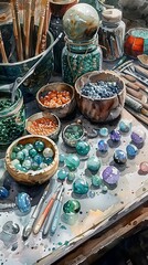 An artist's workspace filled with colorful beads, tools, and brushes, ideal for crafting and jewelry making projects.