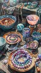 Fototapeta premium Intricate arrangement of colorful beaded jewelry, including necklaces and bracelets, displayed in decorative bowls and plates, showcasing artistic craftsmanship.