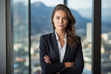 Fototapeta premium Confident businesswoman in a suit, standing with arms crossed in an office.