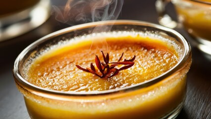 A close up of a glass bowl with creme brulee dessert in it, AI