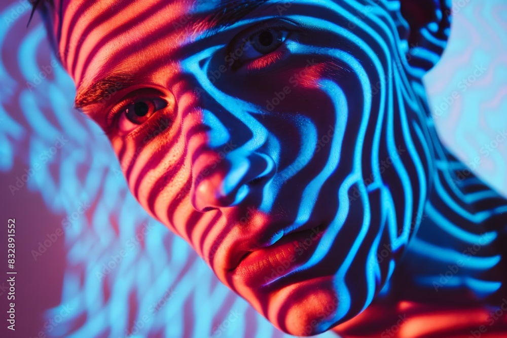 Poster a creative portrait of a person with a zebra pattern light projection on their face, lending a vibra