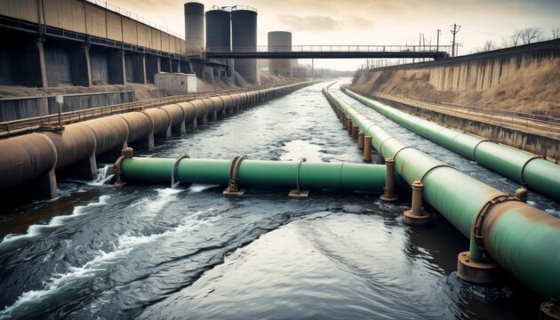 An expansive view of large, green industrial pipelines running parallel to a concrete water channel, with industrial silos in the background.. AI Generation