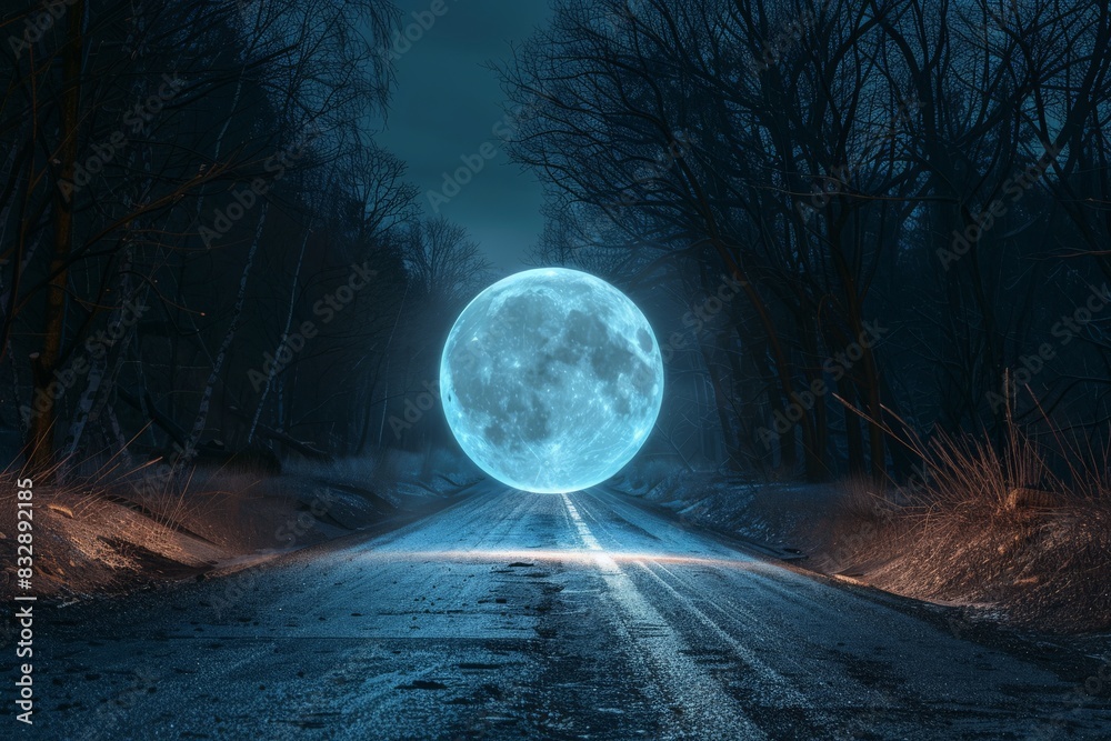 Poster a captivating full moon dominates the sky above a desolate road, casting a ghostly light in a mystic
