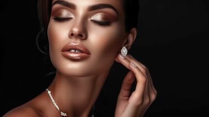 Photo of beautiful woman showing diamond ring on ear, isolated black background, beauty and fashion concept