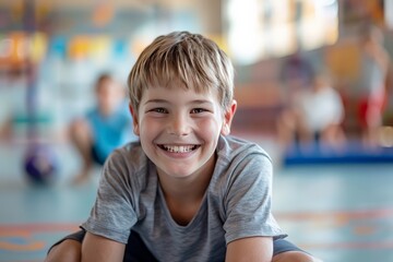 A carefree boy with a big smile is lying on the gym floor, suggesting a moment of relaxation and fun after sports activities