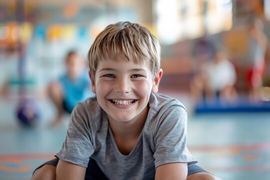 A carefree boy with a big smile is lying on the gym floor, suggesting a moment of relaxation and fun after sports activities