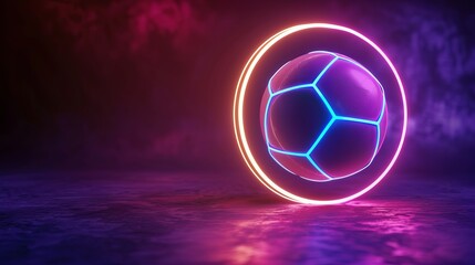 A neon soccer ball is lit up in a purple blue and red glow