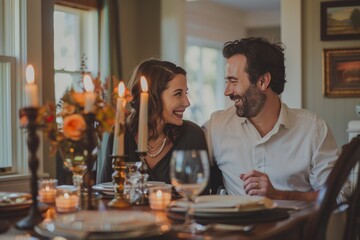 Relaxed and happy couple during a romantic candlelit dinner in a refined restaurant setting, sharing a joyful moment