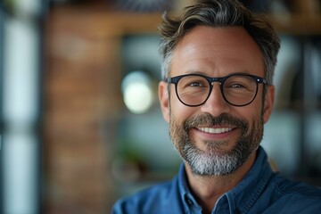 Man with glasses and beard smiling in blue shirt