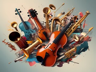 abstract collage using vibrant cutout images of musical instruments
