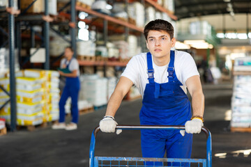 Guy worker carries pushes cart for cargo transportation. Young man works as loader in warehouse of...