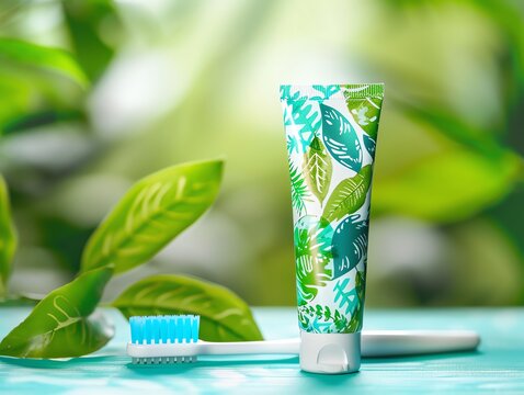 A vibrant toothpaste tube with a fresh mint design, shown with a toothbrush