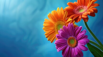 Birthday greeting card featuring orange and fuchsia gerbera daisies on a blue backdrop