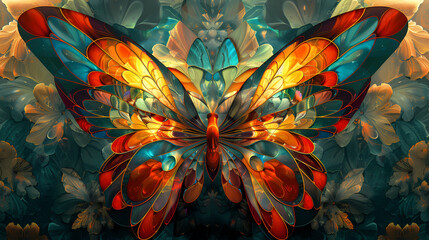 Digital fractal art design of a flower or butterfly in stained glass