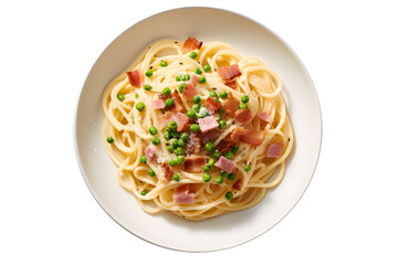 Classic Italian Carbonara Pasta Dish with Pancetta, Egg, Parmesan Cheese and Cream Sauce isolated on transparent background