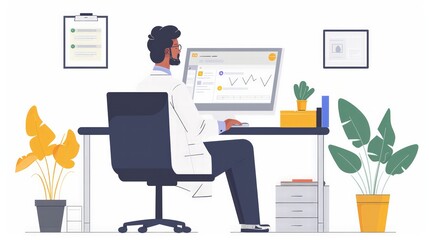 Doctor Reviewing Medical Records Online: Capture a doctor reviewing a patient's medical records on a digital platform during an online consultation.