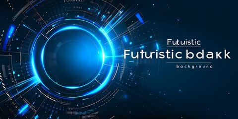 Vector futuristic background with blue glowing curves and lines forming an abstract shape, "Futuristic dark background" text on the center of the composition