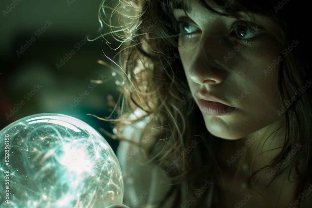 Poster in a dim and mysterious atmosphere, a person's profile is illuminated by a glowing orb, evoking curi