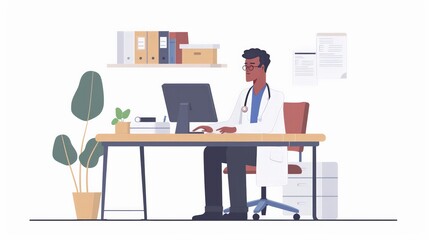 Doctor Reviewing Medical Records Online: Capture a doctor reviewing a patient's medical records on a digital platform during an online consultation.